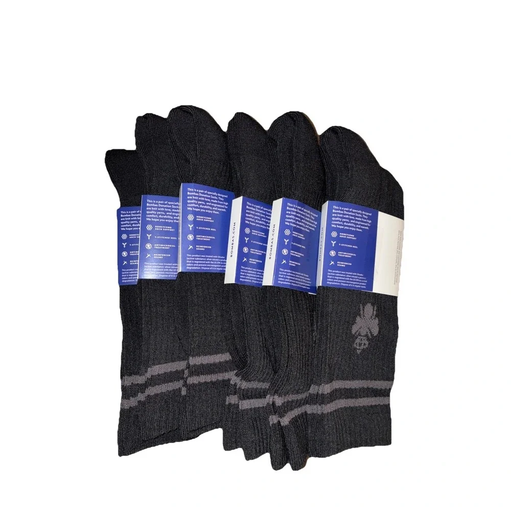BOMBAS Socks Men's L (US 9.5-13) Black Gray Stripe Calf Logo NEW Lot Of 6